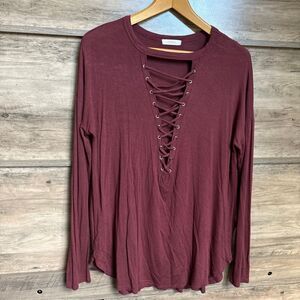 Cherish Maroon Deep V Lace up Front Long Sleeve Blouse Women's M good used condi